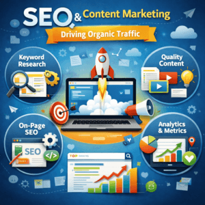 SEO and content marketing strategy driving organic traffic with keyword research, analytics, and quality content