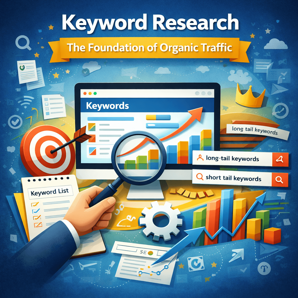 Keyword research for SEO showing short-tail and long-tail keywords to increase organic traffic