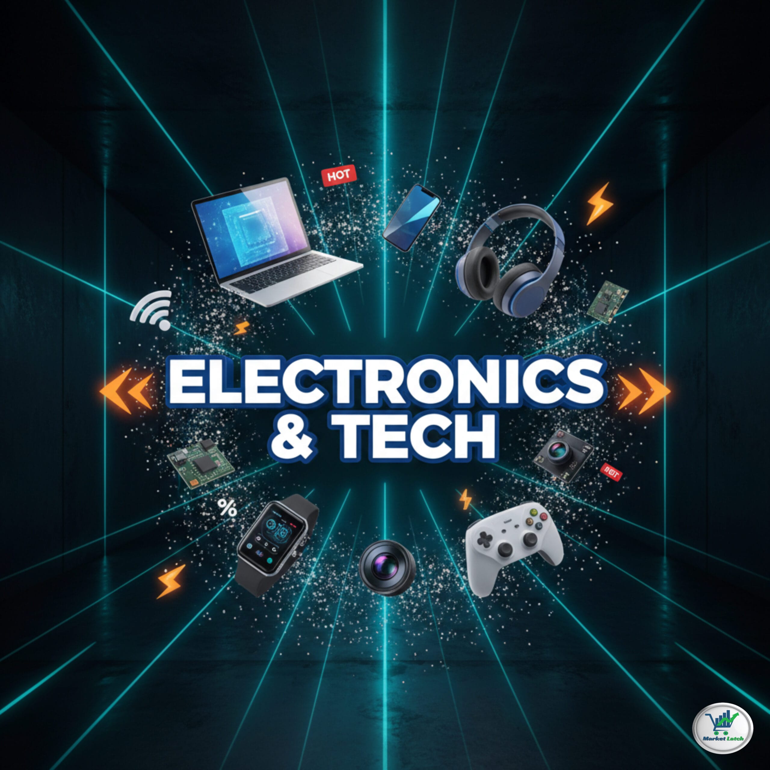 Futuristic Electronics and Tech banner with a laptop, gaming controller, headphones, and circuit board details.