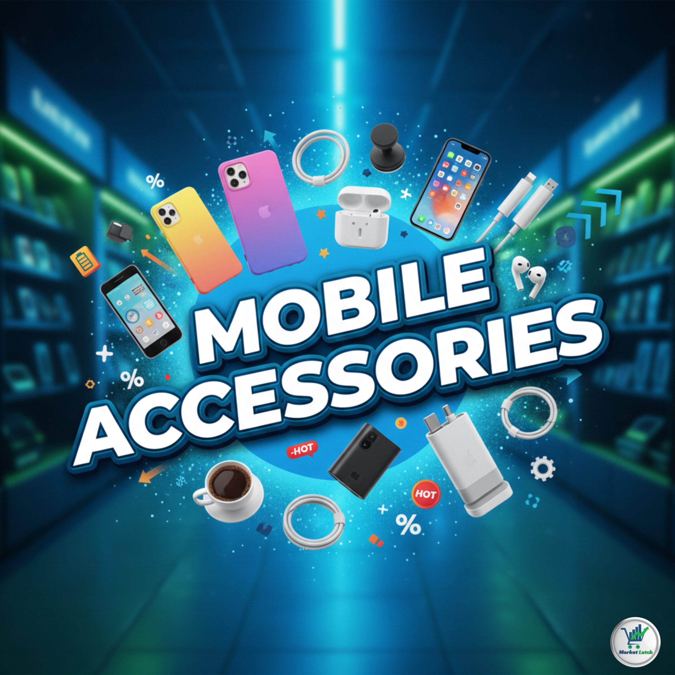 Neon-lit Mobile Accessories category image showing colorful phone cases, chargers, and wireless earbuds.