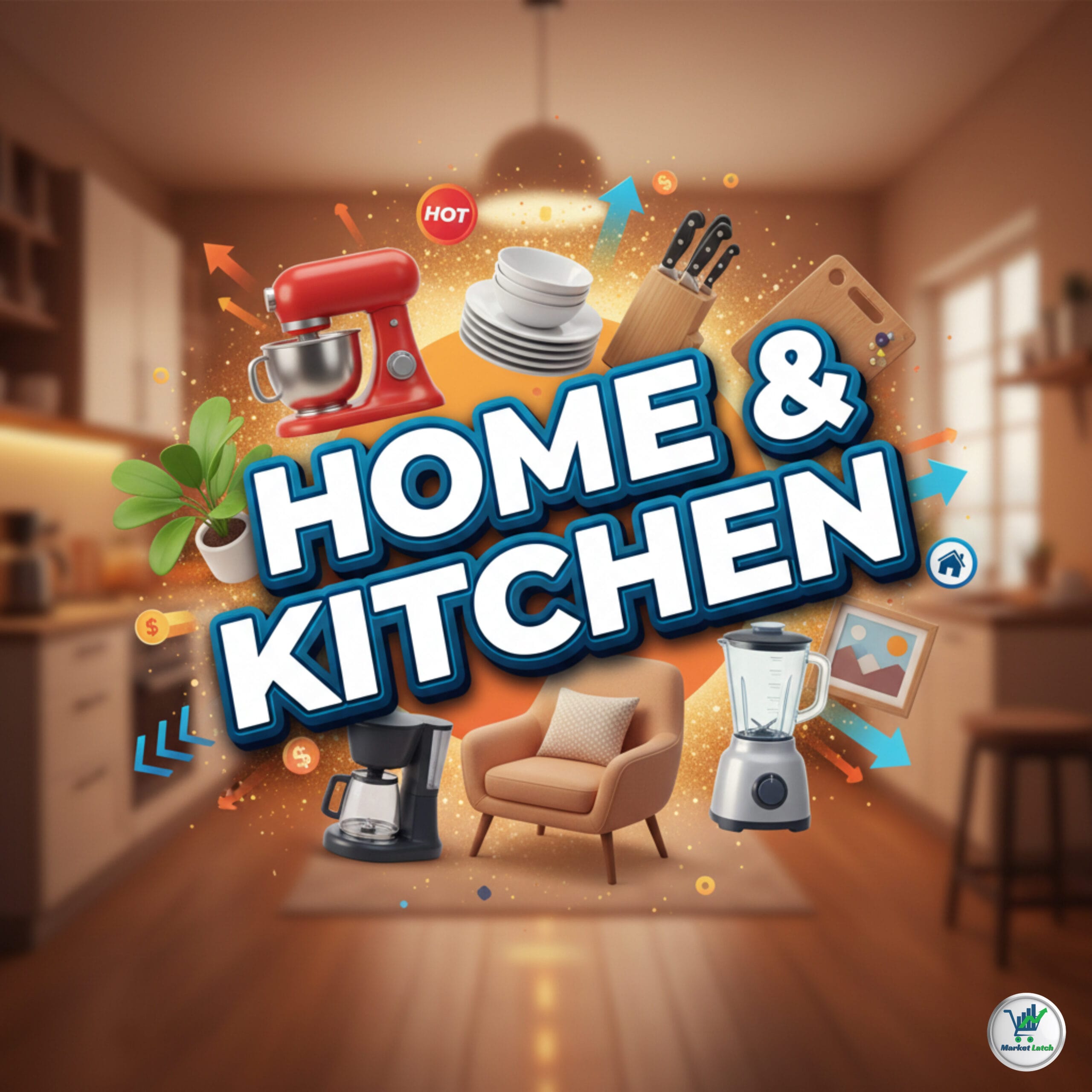 Cozy Home and Kitchen banner featuring a stand mixer, coffee maker, comfortable armchair, and kitchenware.