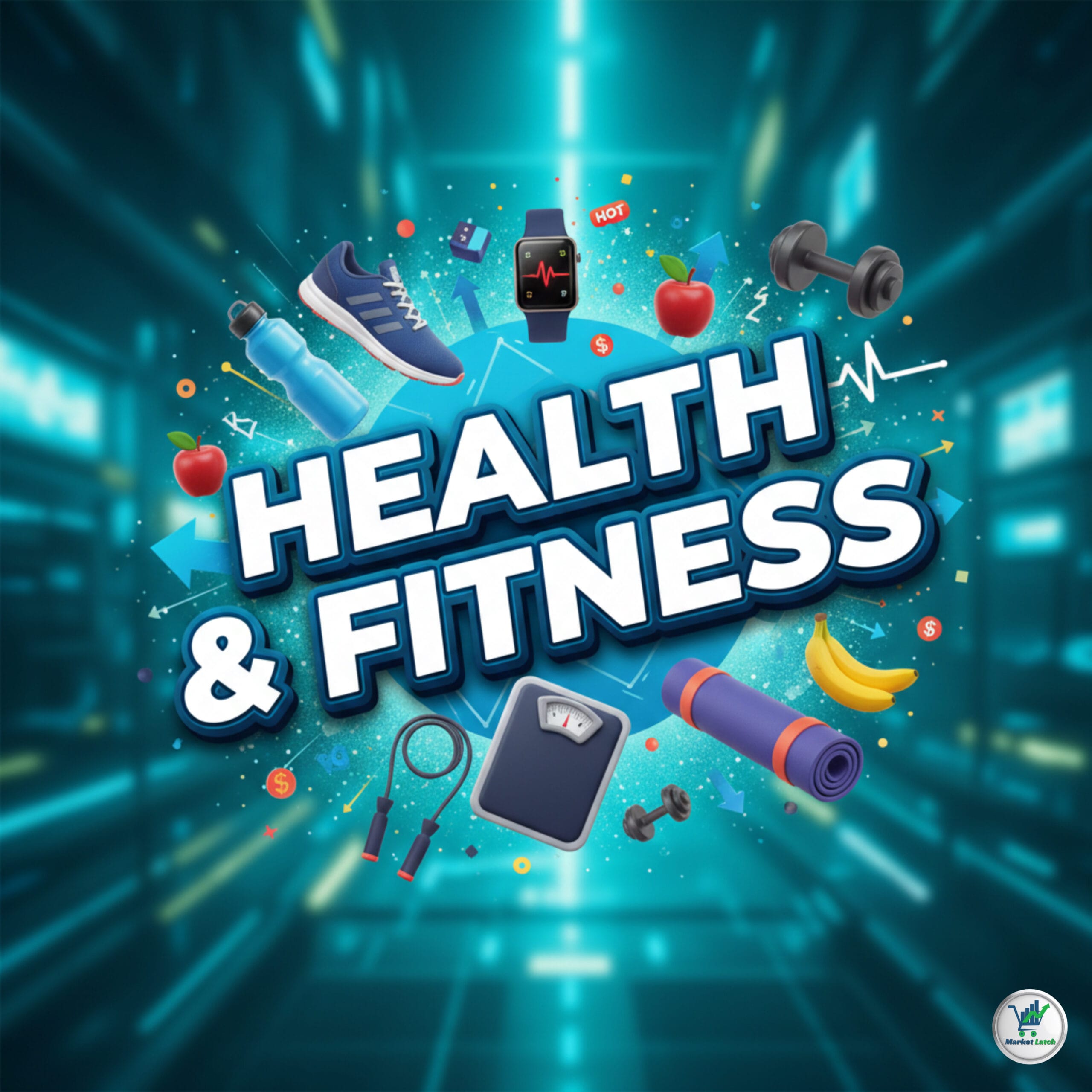 Energetic Health and Fitness category image with dumbbells, a yoga mat, water bottle, and smart watch.