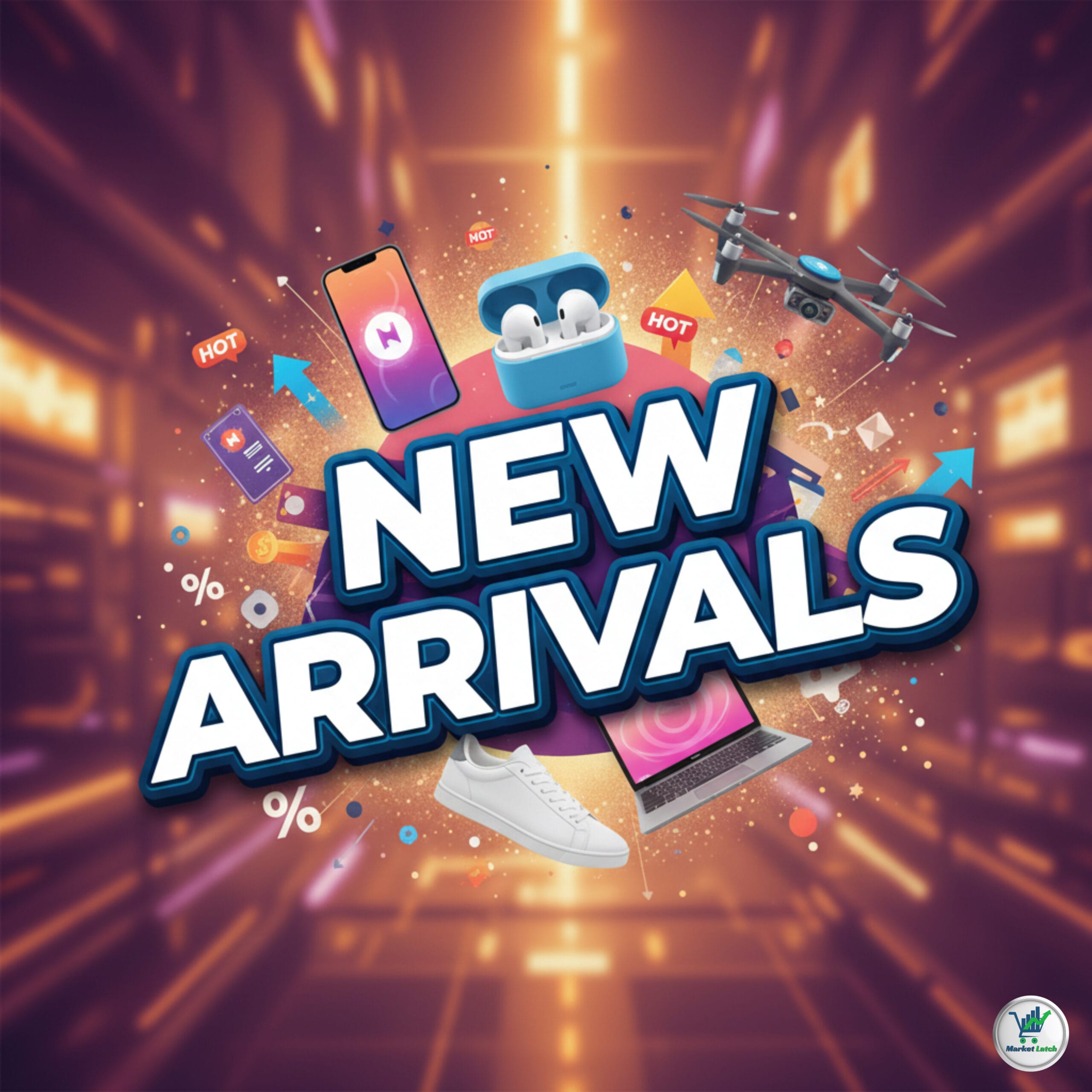 Dynamic New Arrivals banner showcasing the latest tech, shoes, and gadgets with "Hot" badges.