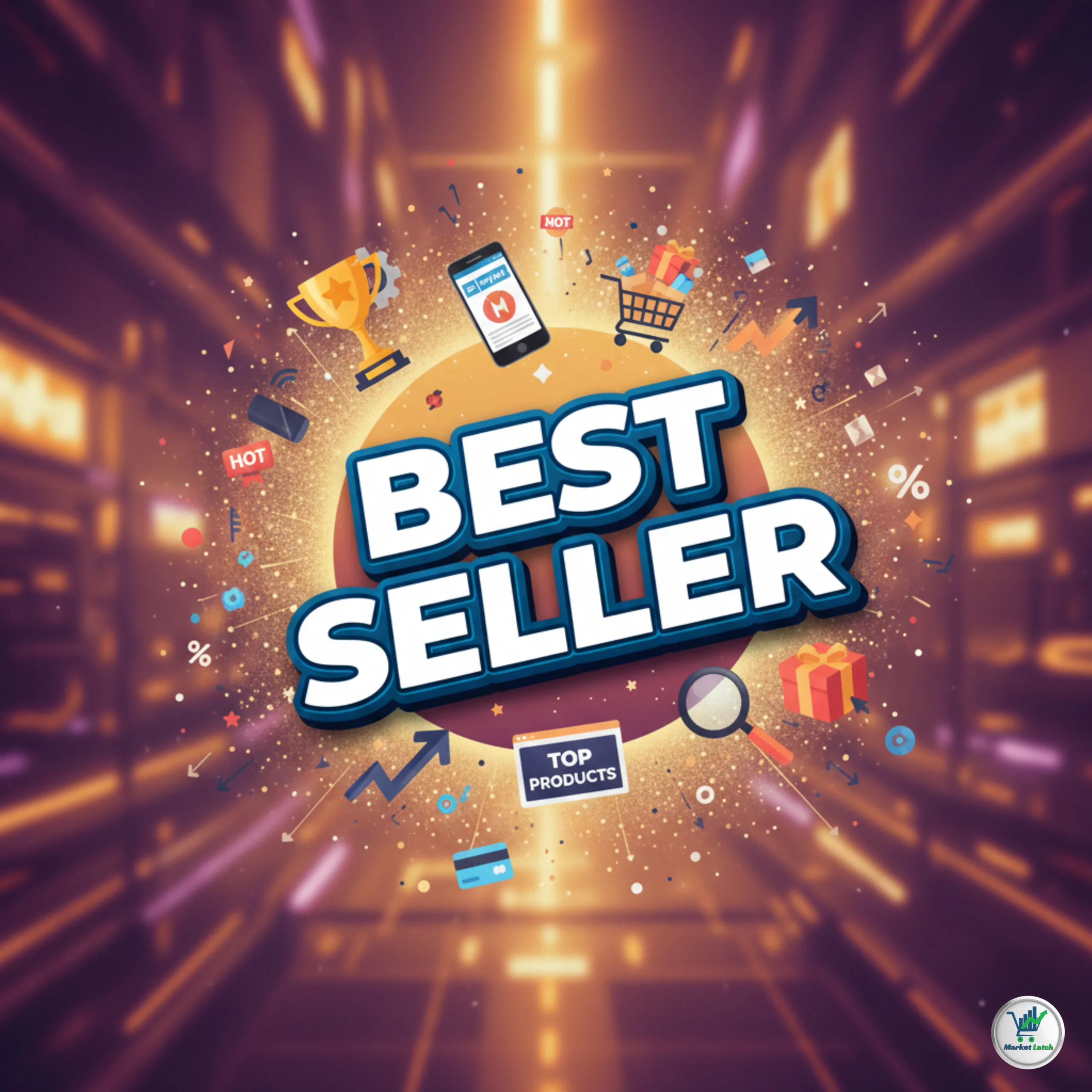Gold-themed Best Seller banner featuring a trophy, shopping cart, and top-rated product icons.