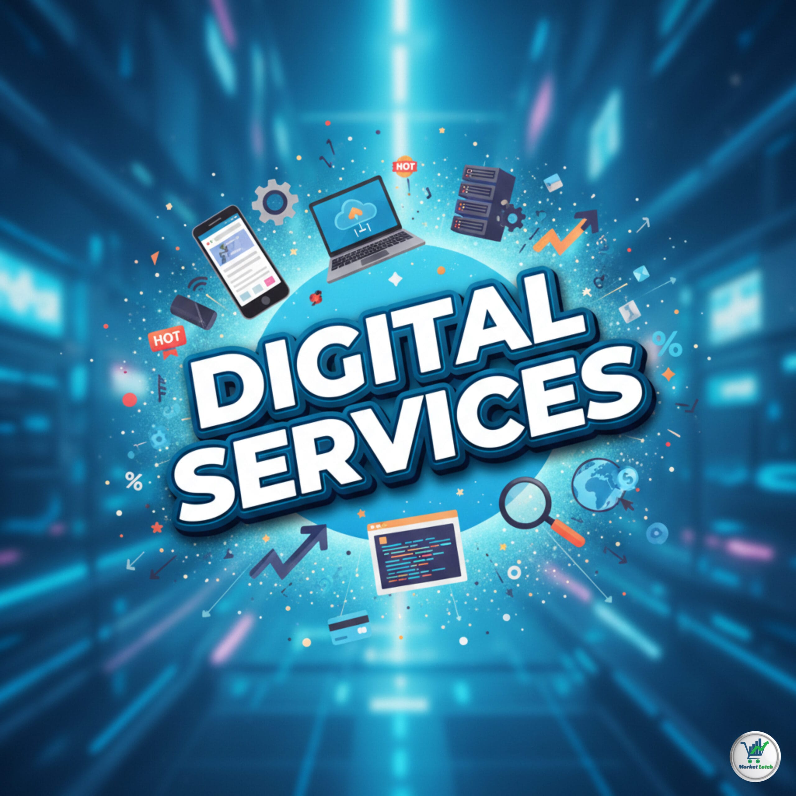 High-tech banner for Digital Services featuring cloud icons, a laptop, mobile app interface, and server graphics.