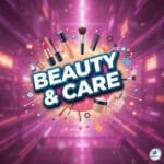 Elegant Beauty and Care banner with makeup brushes, lipstick, skincare cream, and perfume on a pink bokeh background.