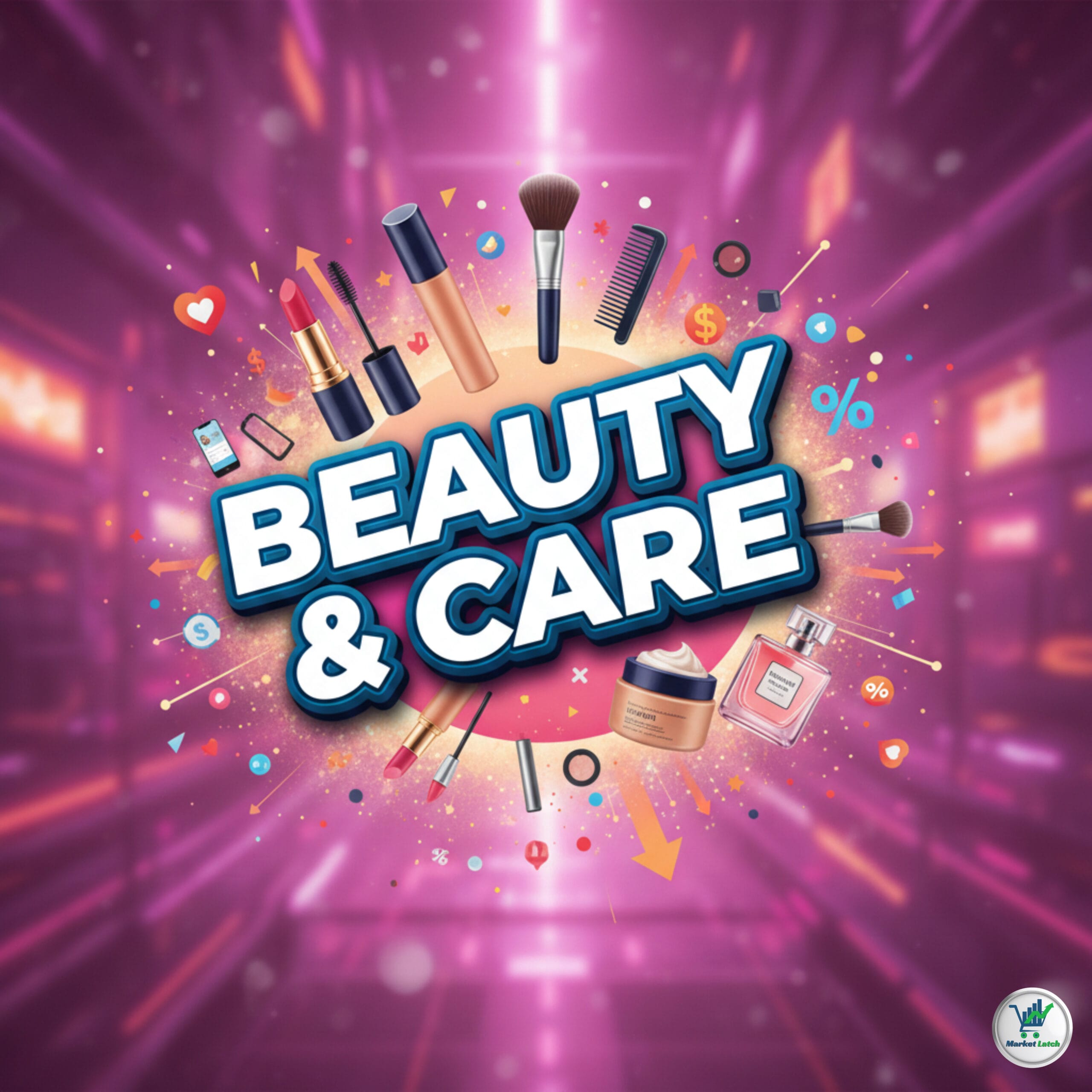 Elegant Beauty and Care banner with makeup brushes, lipstick, skincare cream, and perfume on a pink bokeh background.