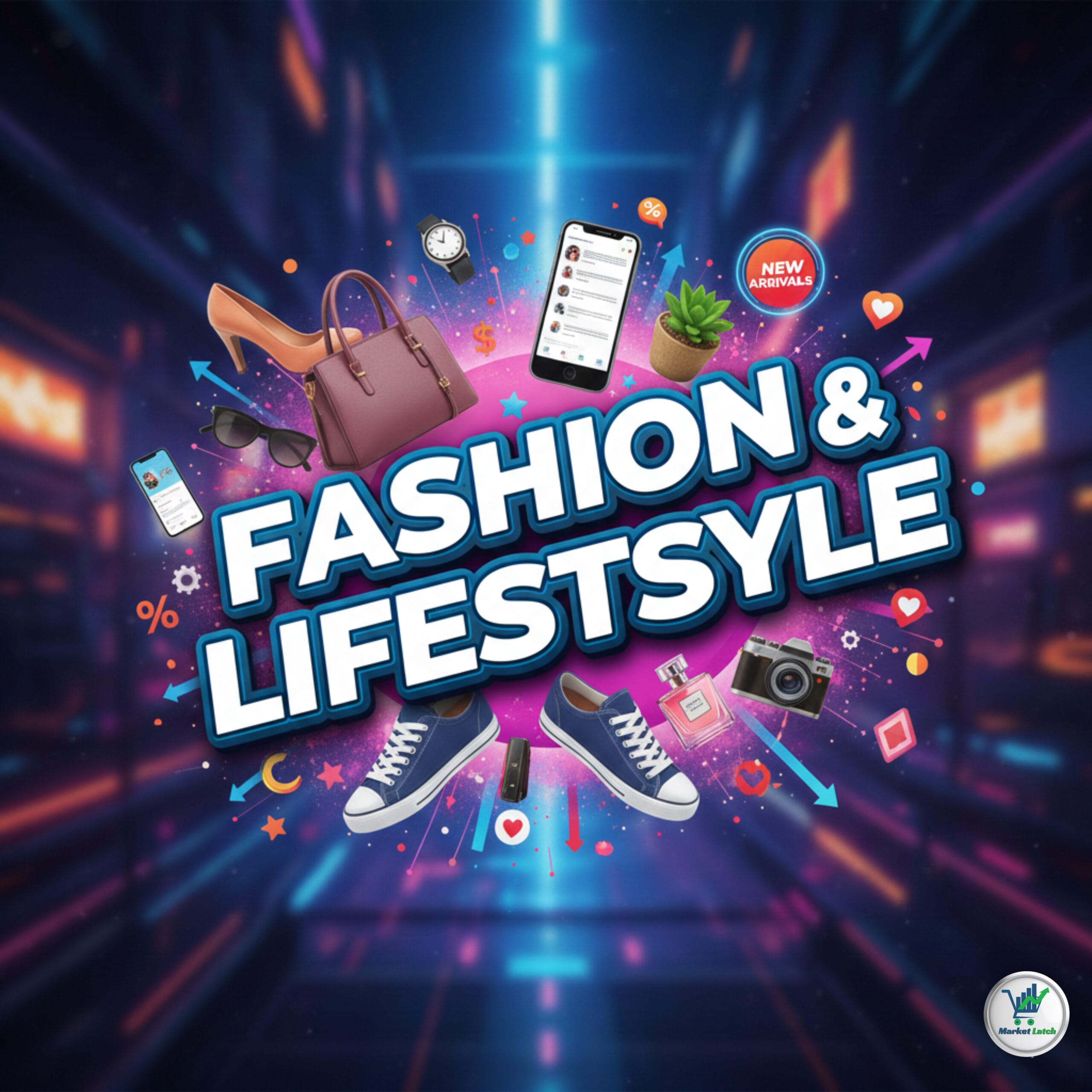Stylish lifestyle category image featuring a handbag, sneakers, sunglasses, and perfume on a trendy background.
