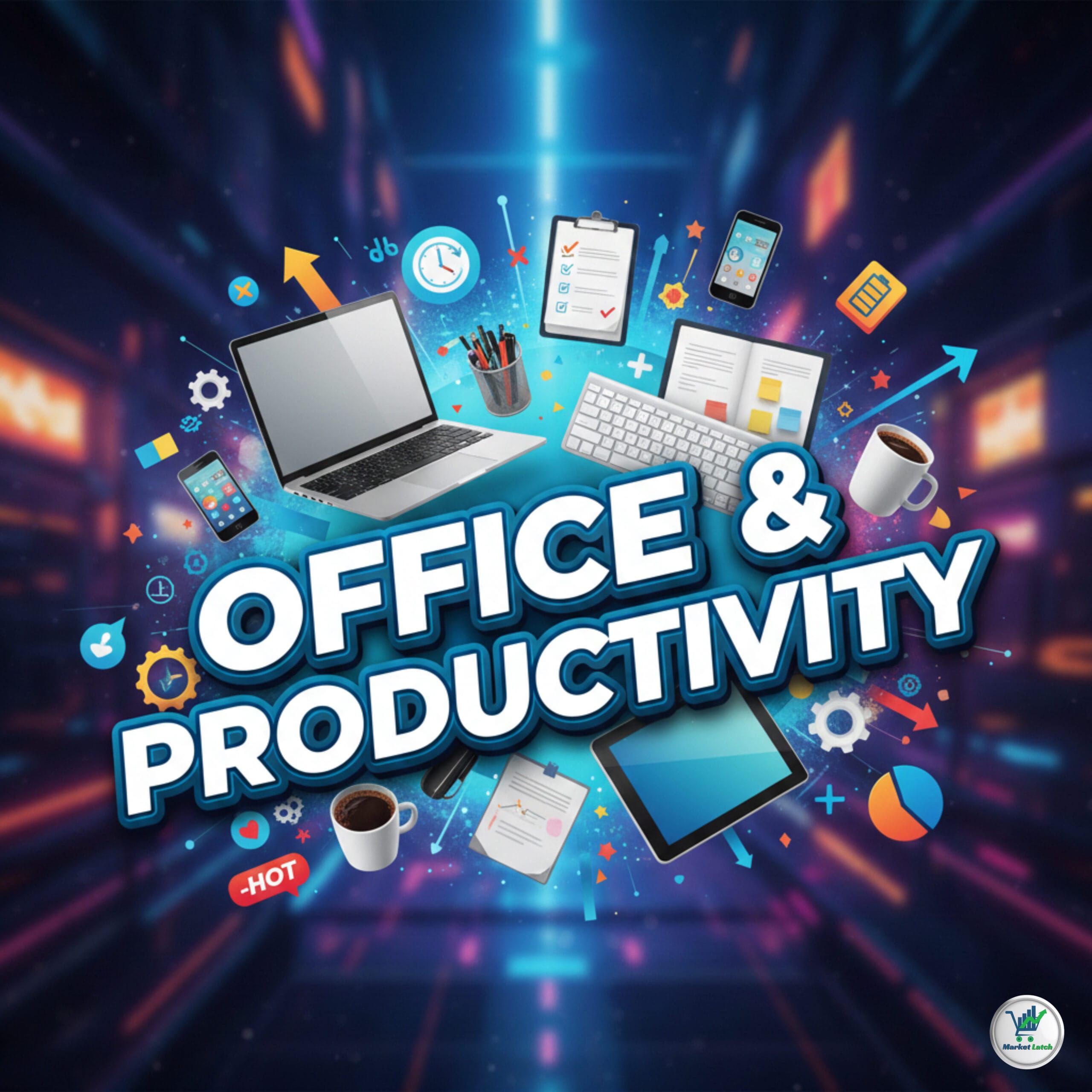 Professional digital banner for Office and Productivity category showing a laptop, keyboard, coffee, and checklist icons.