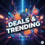 Vibrant e-commerce banner for Deals and Trending products featuring a blue t-shirt, sneakers, and discount icons.