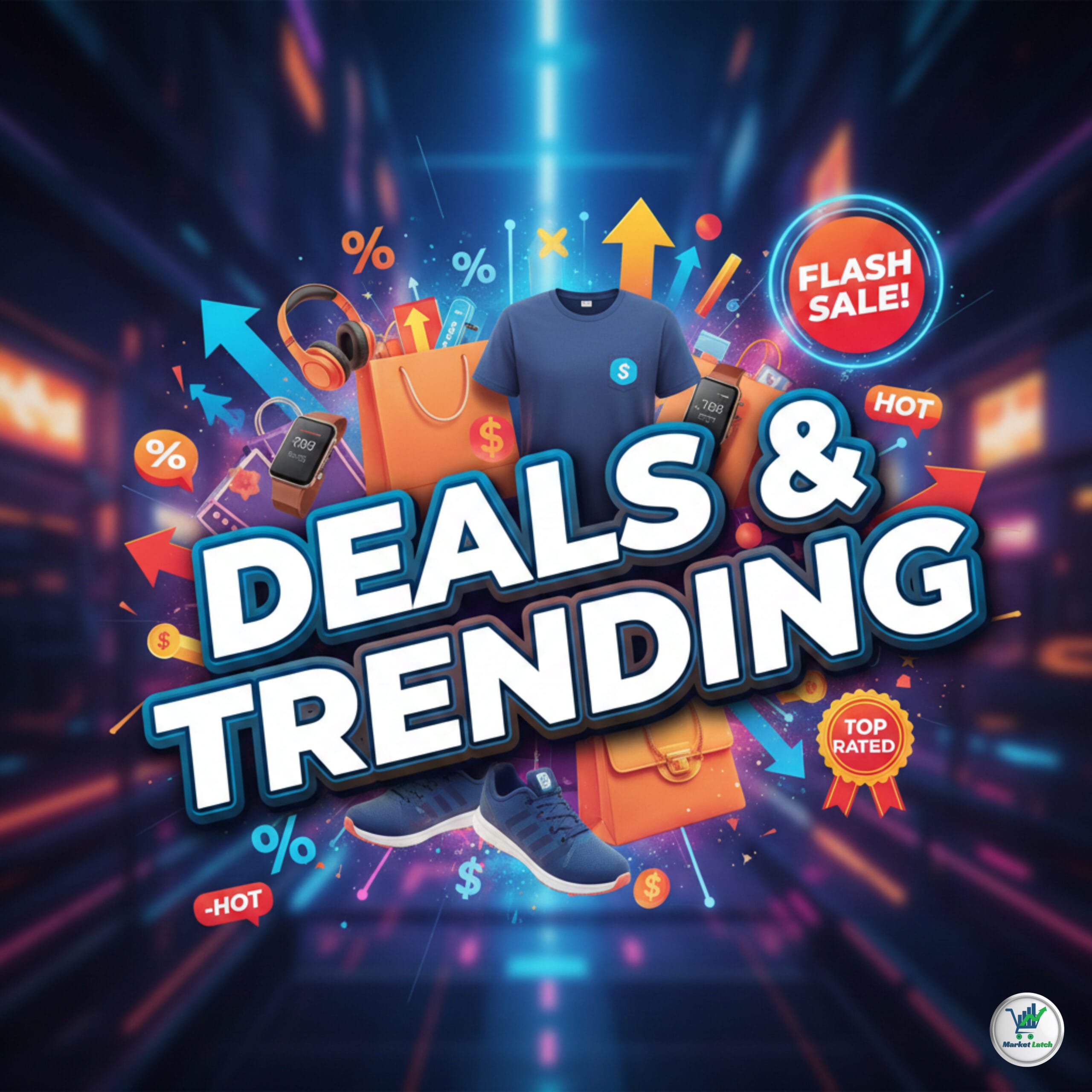 Vibrant e-commerce banner for Deals and Trending products featuring a blue t-shirt, sneakers, and discount icons.