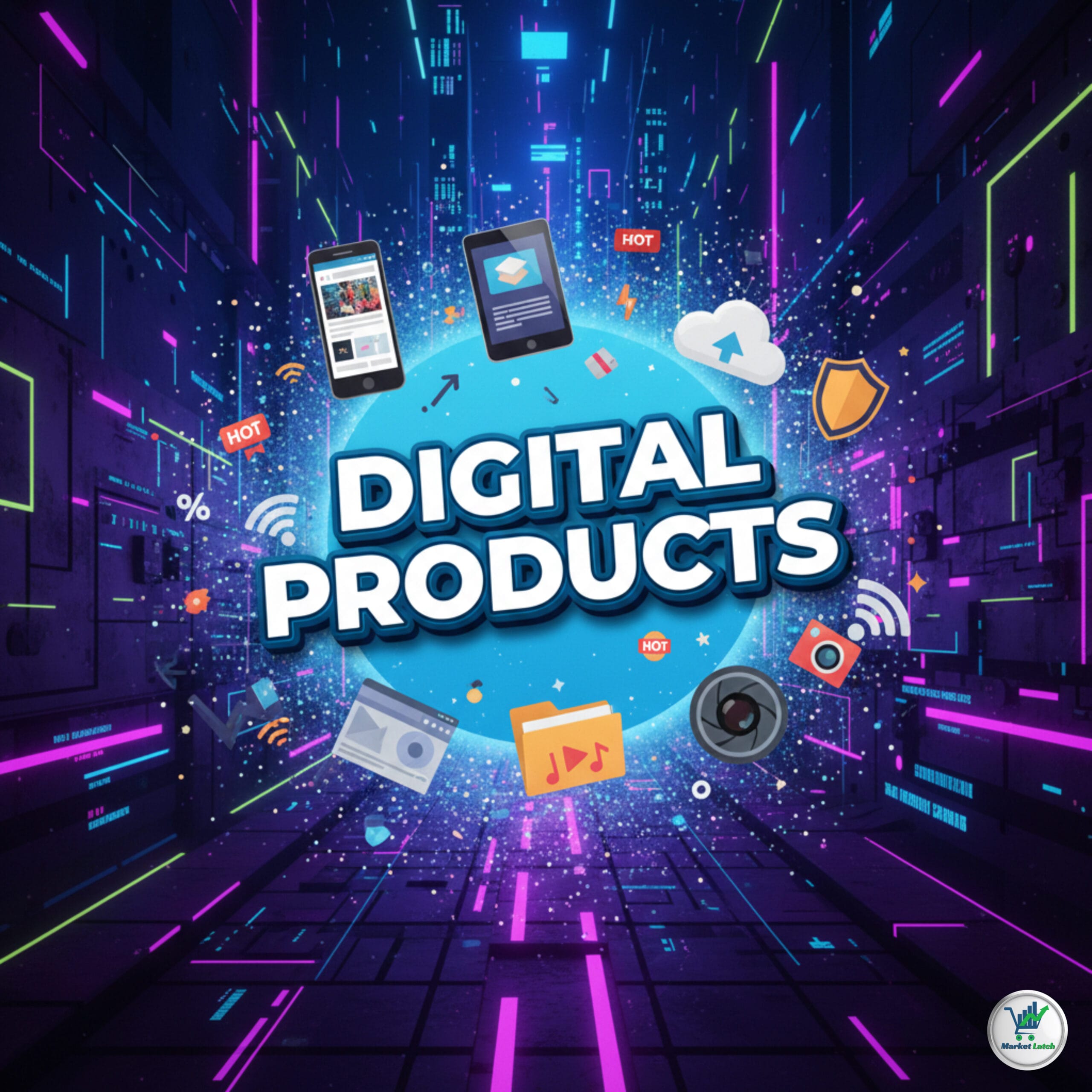 A high-angle view of a modern wooden desk featuring a laptop displaying icons for E-books, T-shirt designs, and Courses, alongside a folded black t-shirt with a colorful lion graphic, a stack of books, and a tablet playing a video lesson.