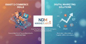 Professional hero image for NDM MarketLatch showing a 3D shopping cart for smart e-commerce deals and a growth graph representing digital marketing solutions like SEO, Google Ads, and WordPress development.