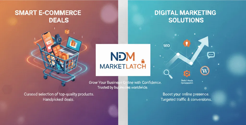 Professional hero image for NDM MarketLatch showing a 3D shopping cart for smart e-commerce deals and a growth graph representing digital marketing solutions like SEO, Google Ads, and WordPress development.